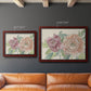 Modern peony floral drawing in an ornate cherry burl wood frame shown in multiple size options.