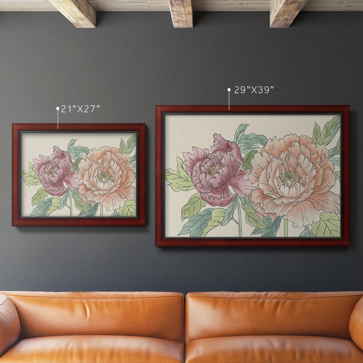 Modern peony floral drawing in an ornate cherry burl wood frame shown in multiple size options.