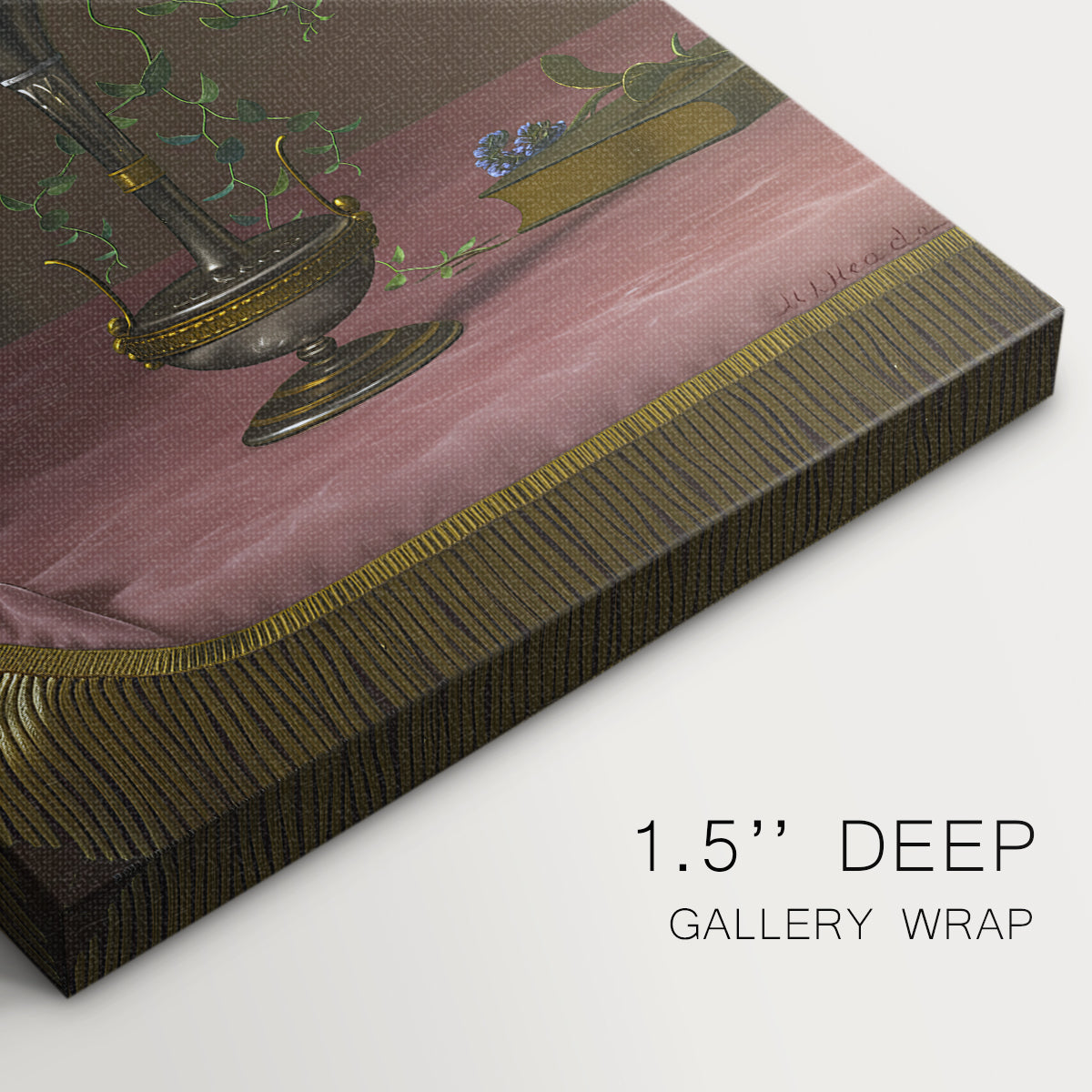Close-up of a gallery-wrapped canvas corner showing a classic still life with gentle contrast, highlighting texture and print detail.
