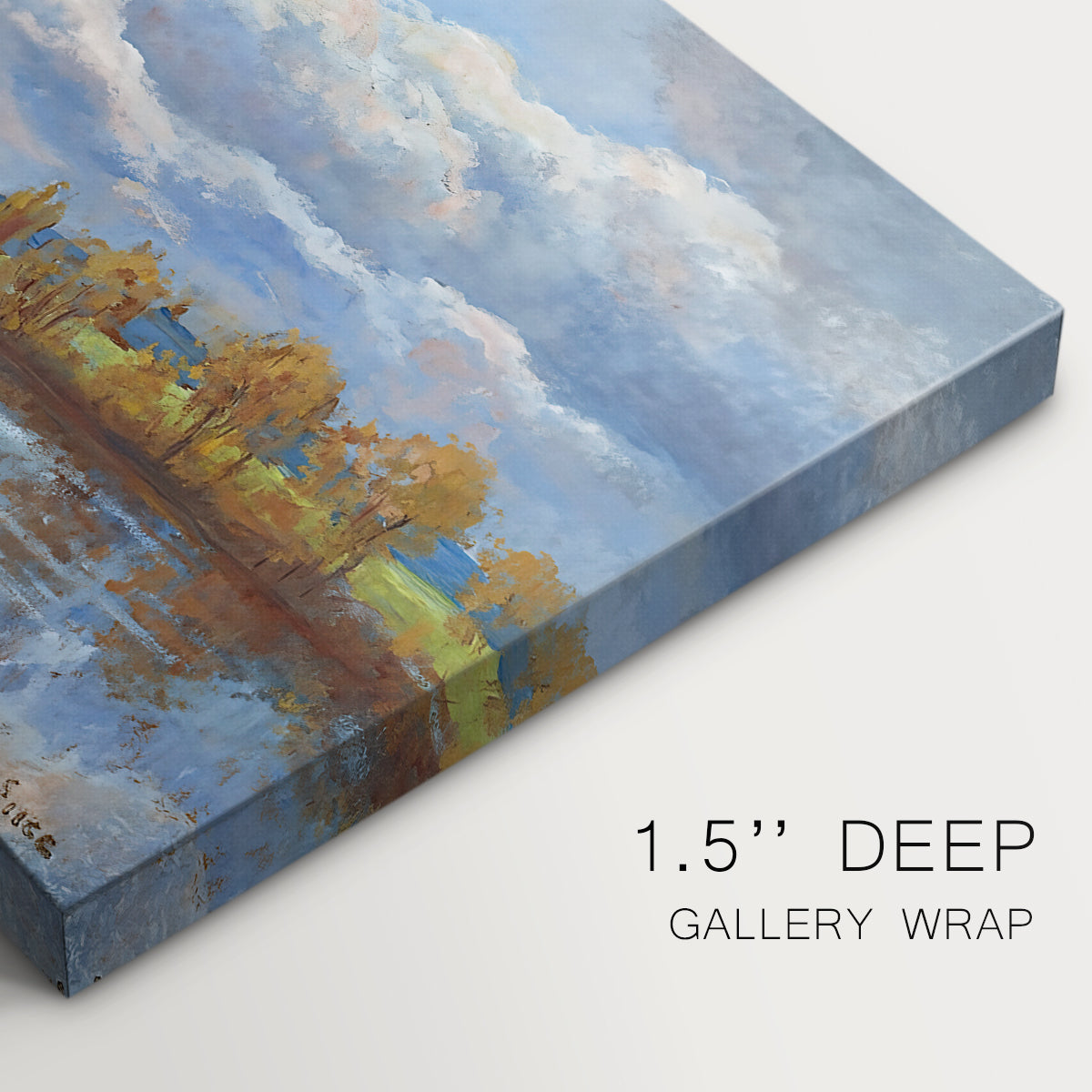 Canvas art print of a riverside landscape with water trees and distant structures, highlighting texture and gallery-wrapped edges
