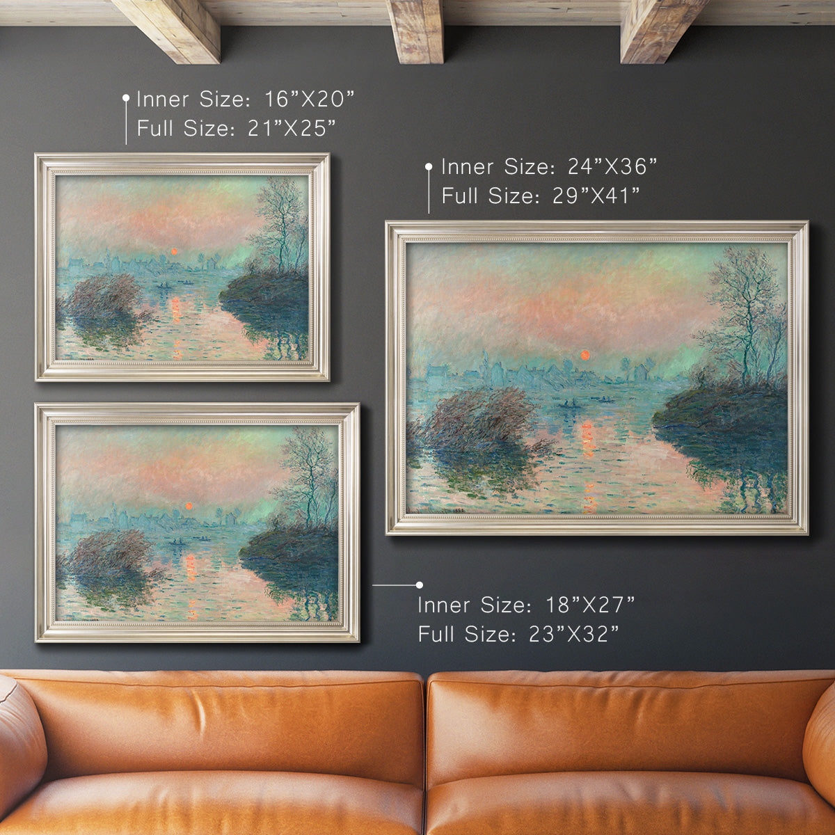 Impressionist winter river sunset scene by Claude Monet in an ornate champagne frame shown in multiple size options.