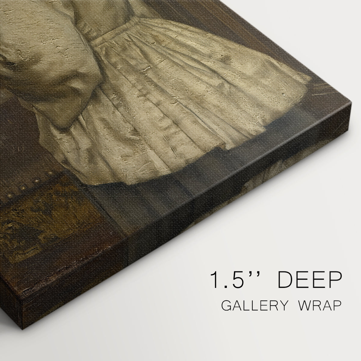 Close-up of a gallery-wrapped canvas corner showing a calm portrait of a child with a book, highlighting texture and print detail.