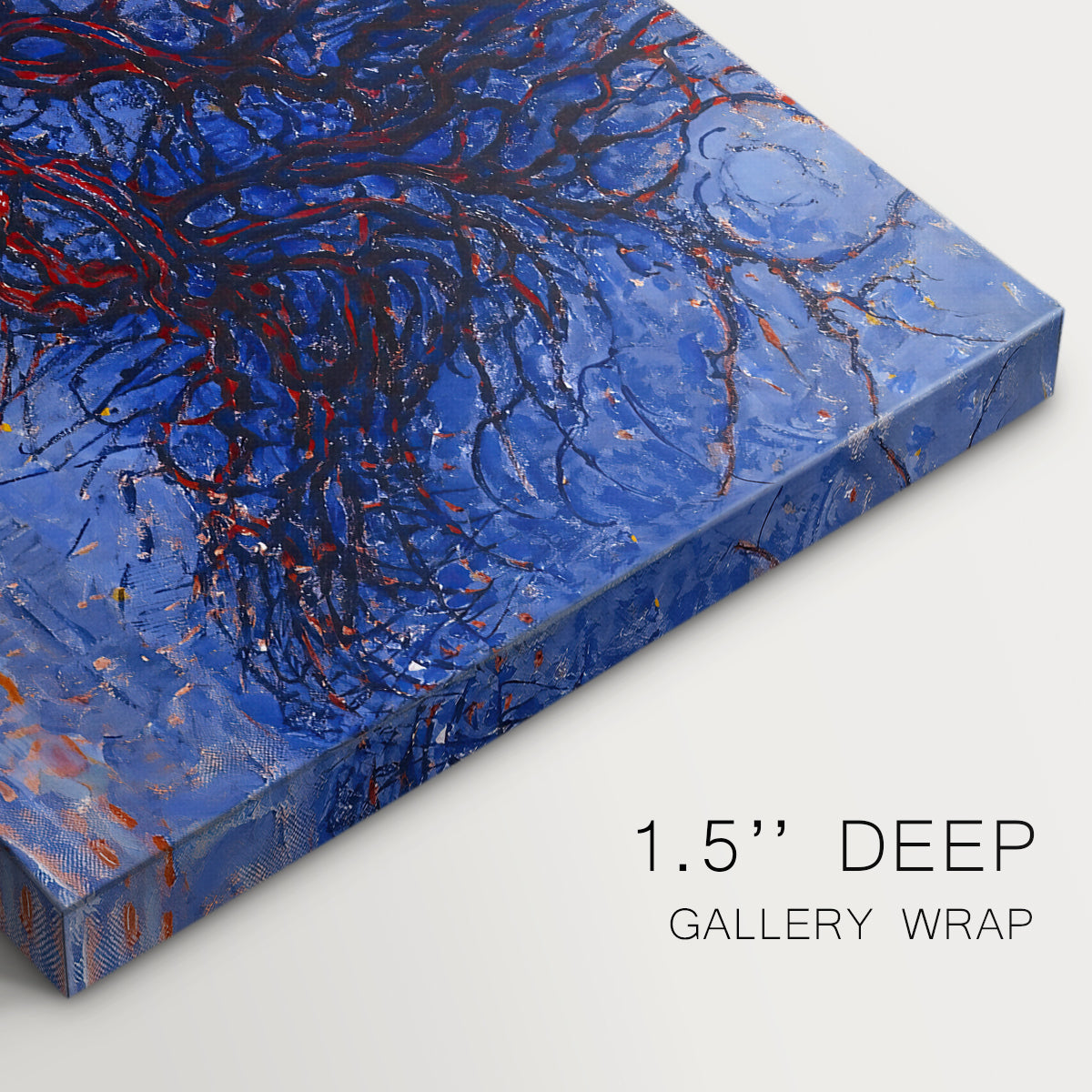 Canvas art print of a stylized red tree with branches against dark background, highlighting texture and gallery-wrapped edges