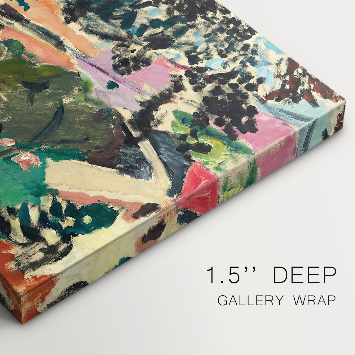 Canvas art print of a vivid landscape with hills, trees, and buildings near the coast, highlighting texture and gallery-wrapped edges
