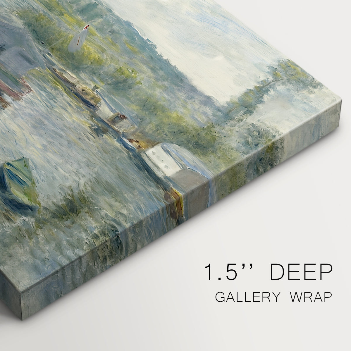 Canvas art print of a floating wash-house boat along a riverbank with figures working nearby, highlighting texture and gallery-wrapped edges