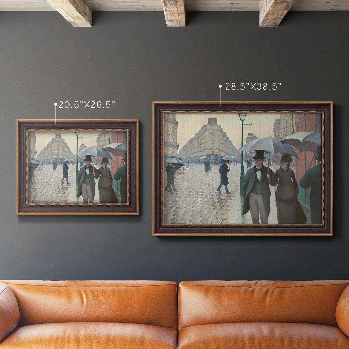 Impressionist urban street scene in the rain by Gustave Caillebotte in an ornate bronzed mahogany wood frame shown in multiple size options.