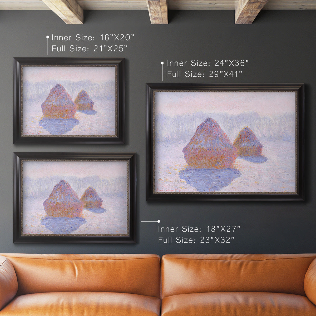 Impressionist winter haystack scene with sunlight by Claude Monet in an ornate black frame with gilded inner detail shown in multiple size options.