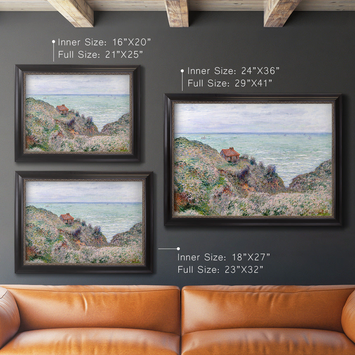 Impressionist coastal watch cabin scene by Claude Monet in an ornate black frame with gilded inner detail shown in multiple size options.