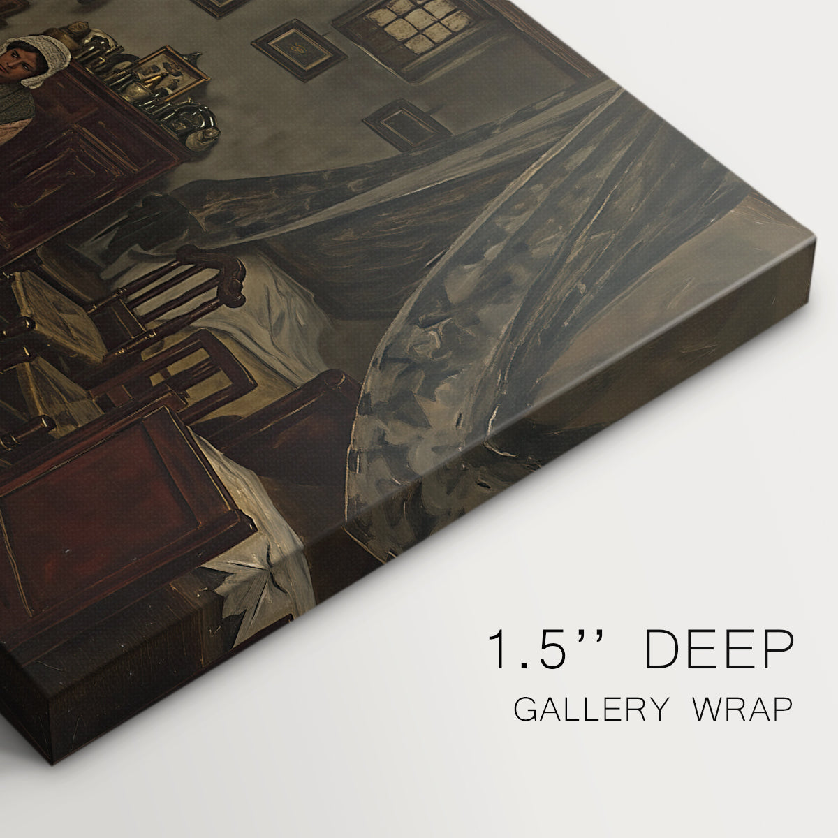 Canvas art print of a quiet room with figure seated near window and simple furnishings, highlighting texture and gallery-wrapped edges
