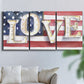 Three-panel canvas wall art featuring patriotic rustic typography art, displayed in a living room above a sofa.