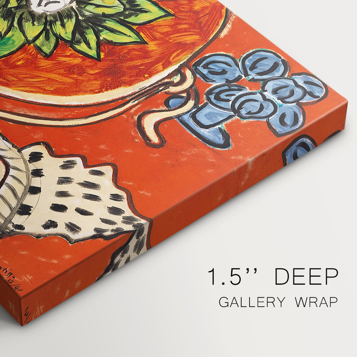 Canvas art print of magnolia flowers arranged in a vase within a patterned still life, highlighting texture and gallery-wrapped edges