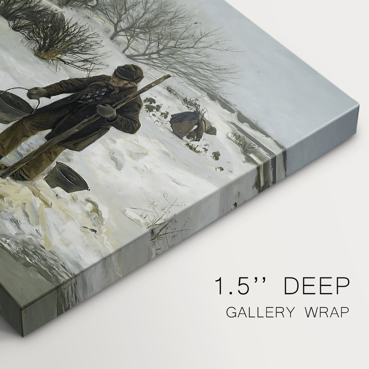Canvas art print of figures walking along snowy path in winter landscape with wind and cold atmosphere, highlighting texture and gallery-wrapped edges