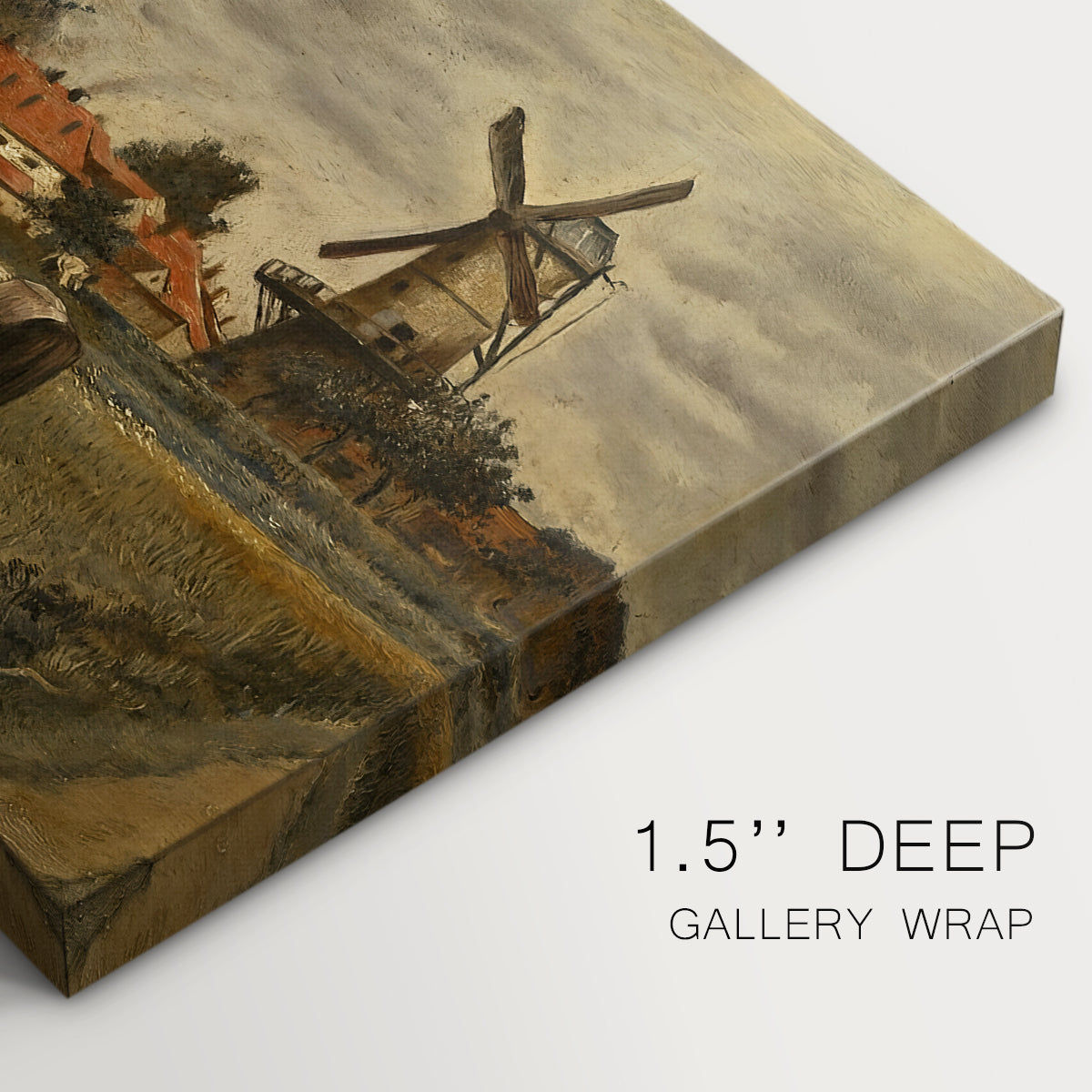 Canvas art print of a rural village scene with people working among buildings and open yard, highlighting texture and gallery-wrapped edges
