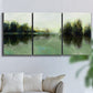 Three-panel canvas wall art featuring rain soaked landscape at sunset, displayed in a living room above a sofa.