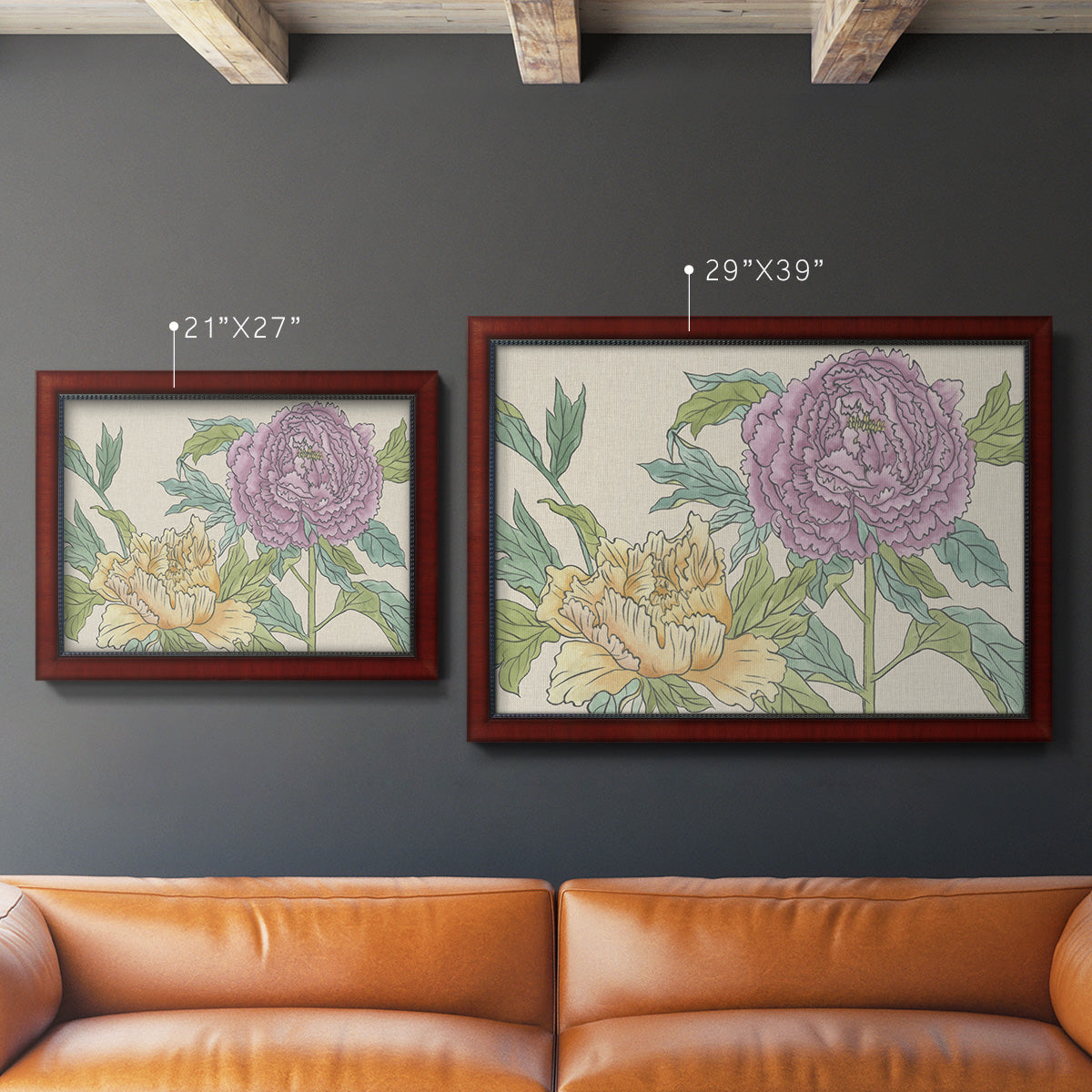 Contemporary peony flower illustration in an ornate cherry burl wood frame shown in multiple size options.