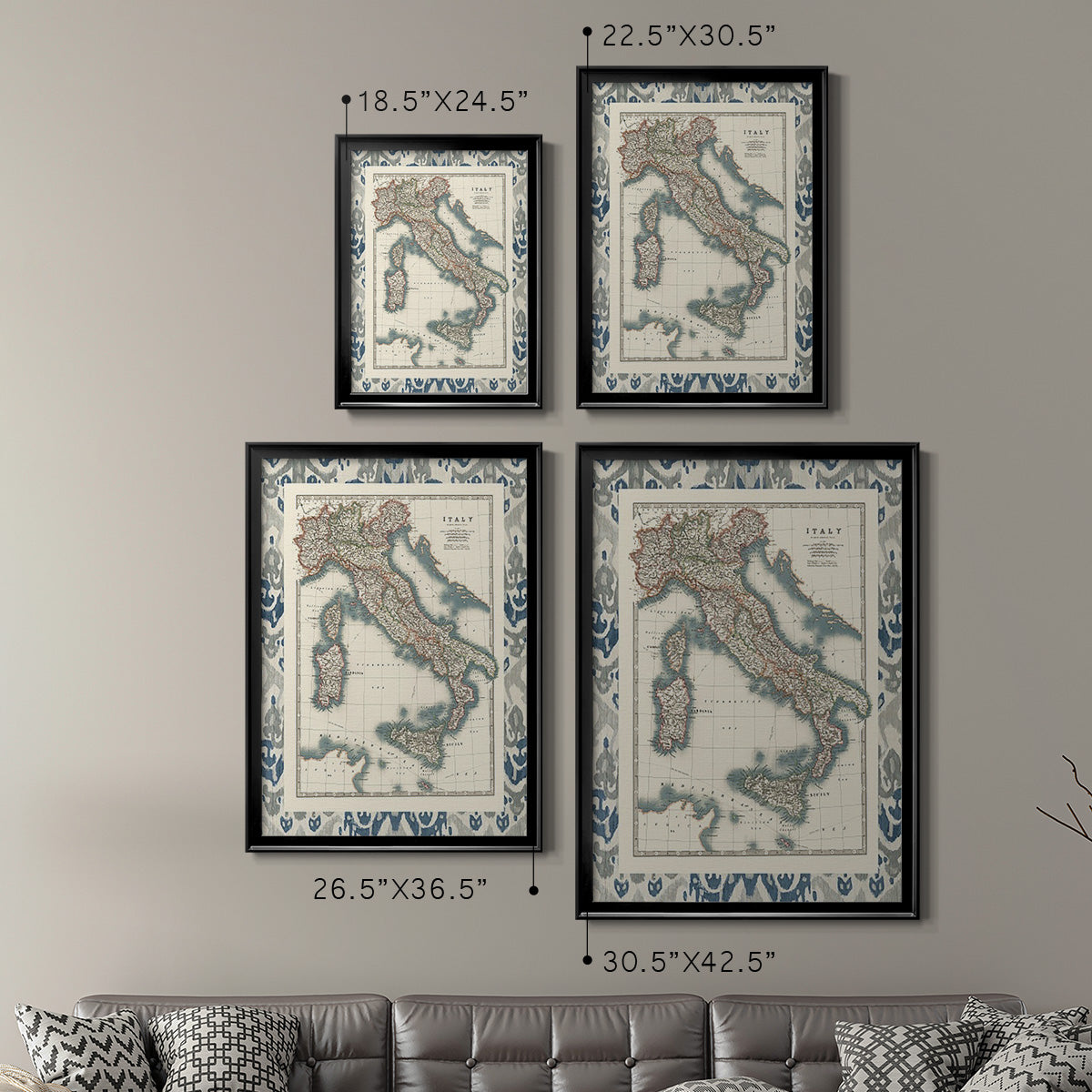 Bordered Map of Italy - Modern Framed Canvas Print