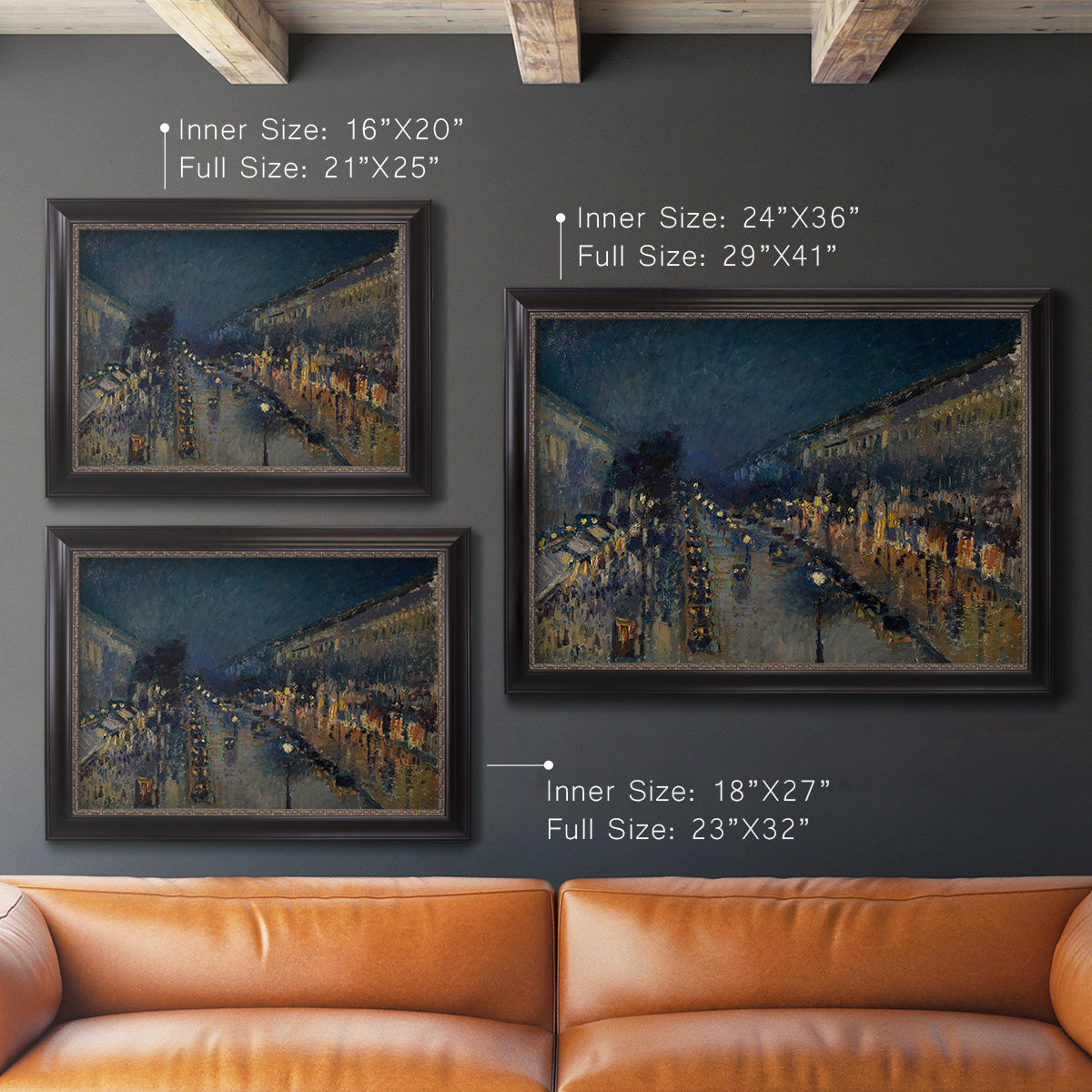 Impressionist nighttime Paris street scene by Camille Pissarro in an ornate black frame with gilded inner detail shown in multiple size options.