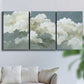 Three-panel canvas wall art featuring abstract evening landscape with depth, displayed in a living room above a sofa.