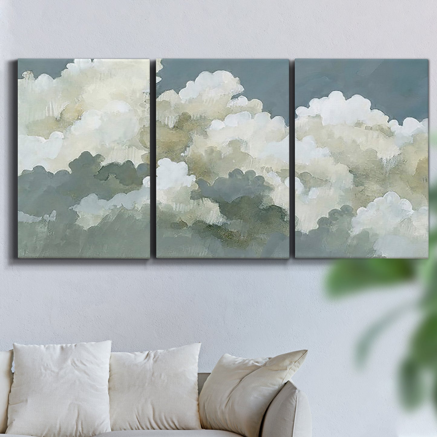 Three-panel canvas wall art featuring abstract evening landscape with depth, displayed in a living room above a sofa.