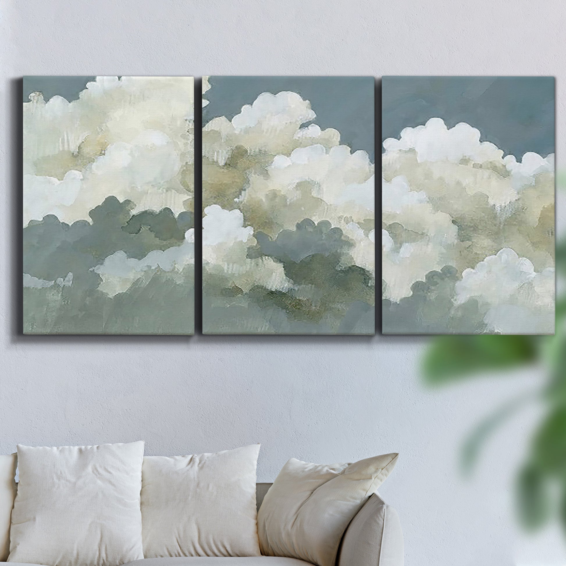 Three-panel canvas wall art featuring abstract evening landscape with depth, displayed in a living room above a sofa.