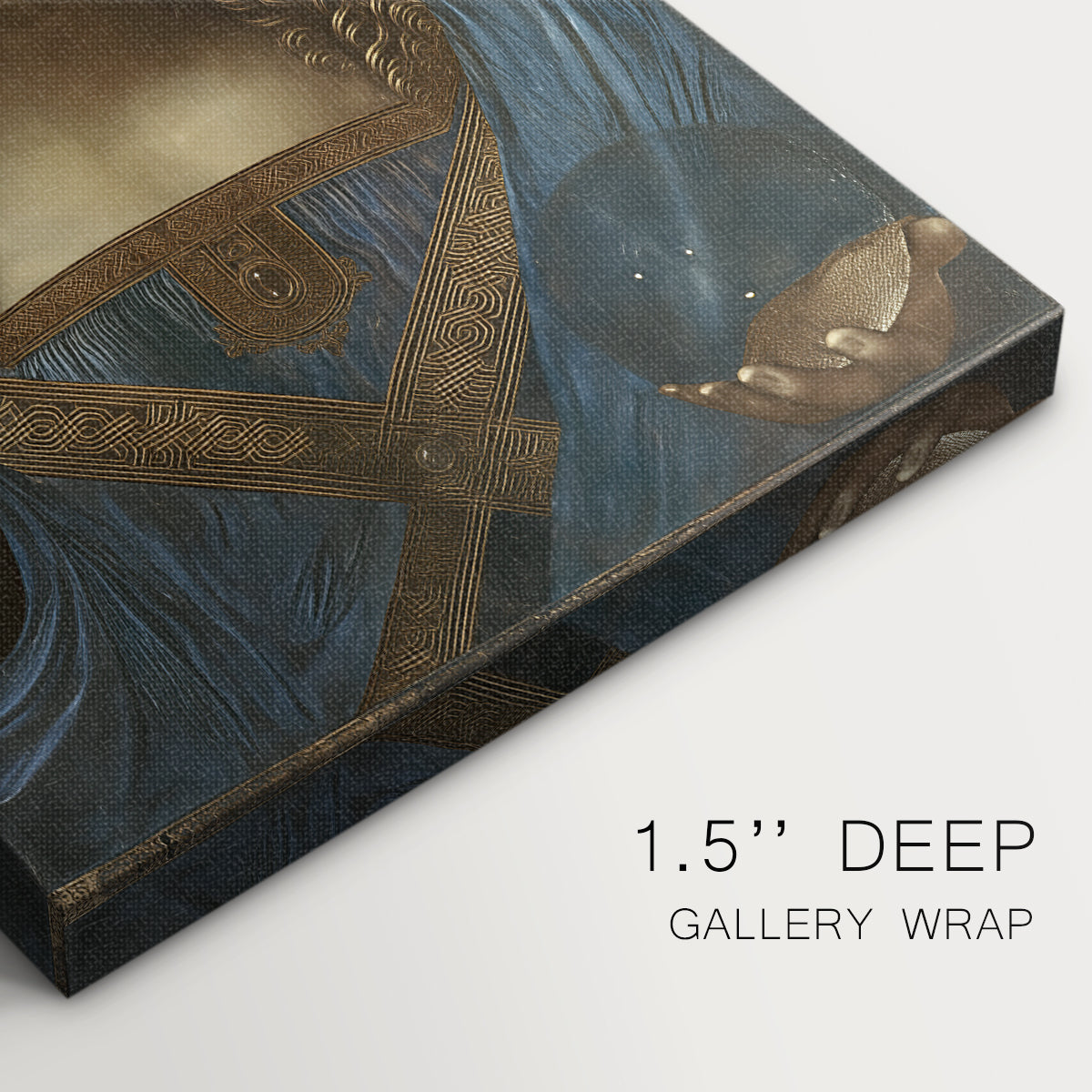 Close-up of a gallery-wrapped canvas corner showing a balanced composition with minimal detail and depth, highlighting texture and print detail.