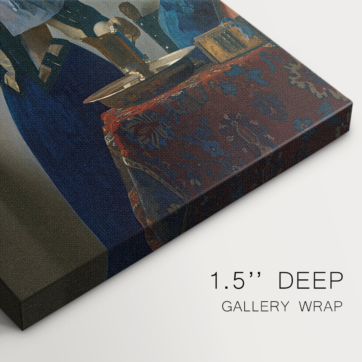 Close-up of a gallery-wrapped canvas corner showing a quiet composition with balanced tones, highlighting texture and print detail.