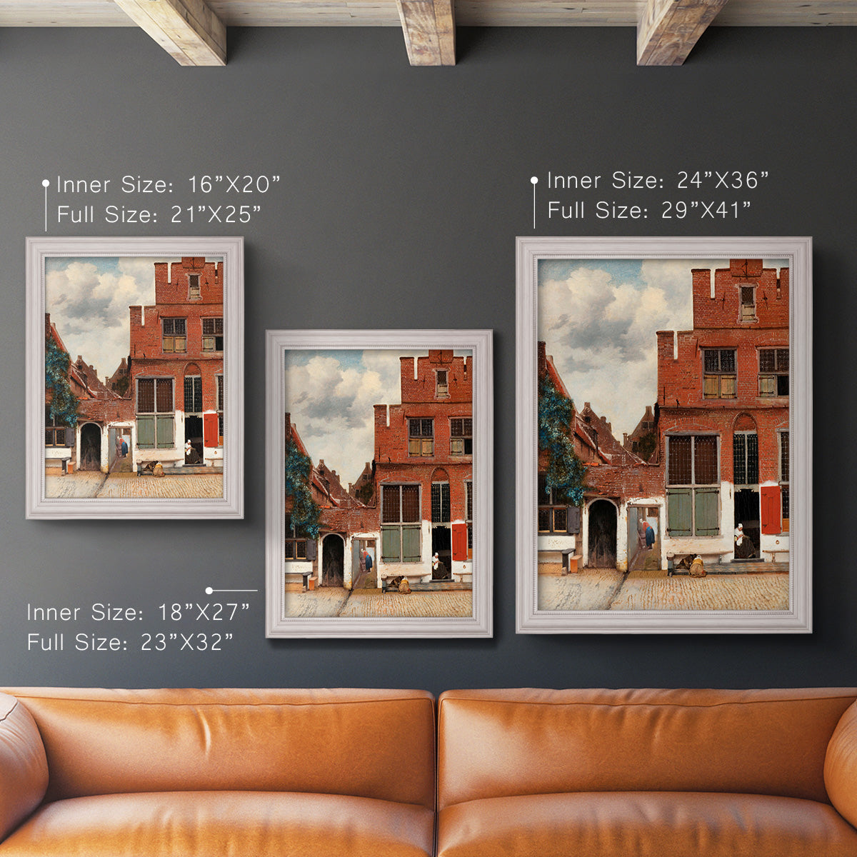 Realist city street scene by Johannes Vermeer in an ornate weathered white frame shown in multiple vertical size options.