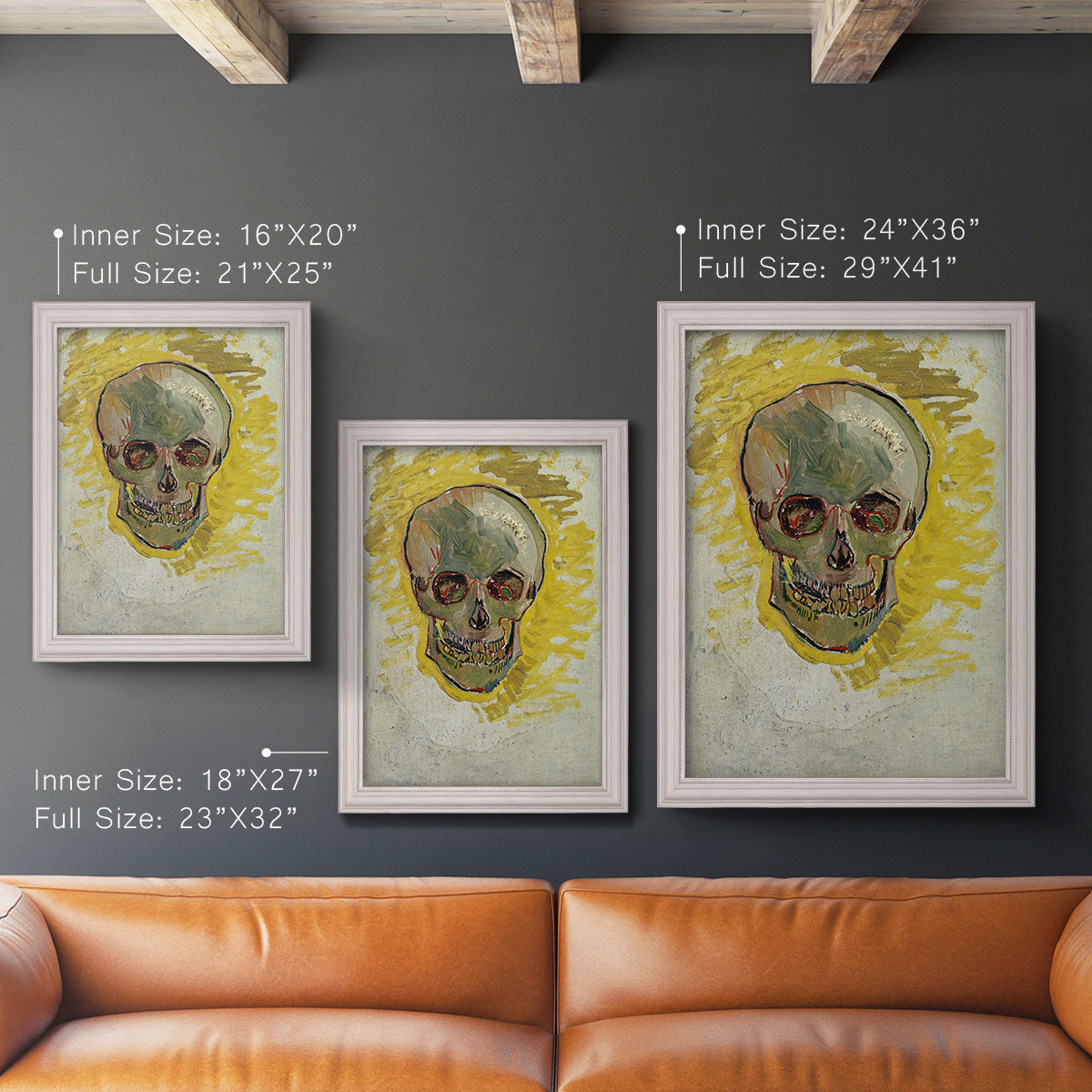 Expressive skull study painting by Vincent van Gogh in an ornate weathered white frame shown in multiple vertical size options.