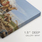 Canvas art print of figures and animals along riverbank with desert landscape, highlighting texture and gallery-wrapped edges
