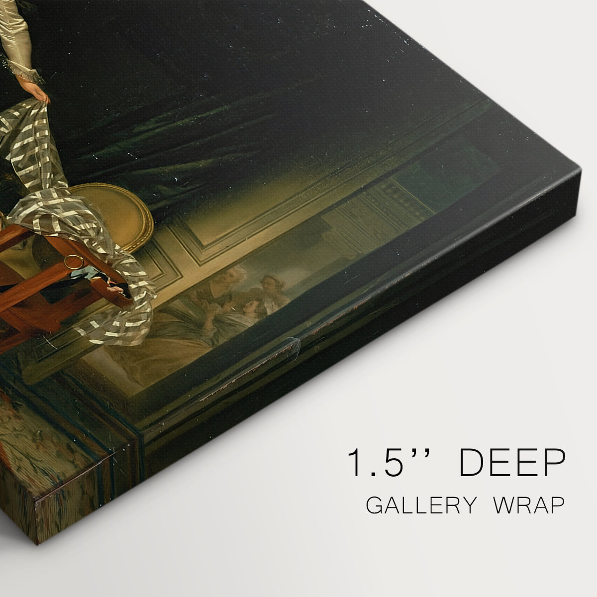Canvas art print of an intimate interior scene with couple sharing a secret kiss, highlighting texture and gallery-wrapped edges