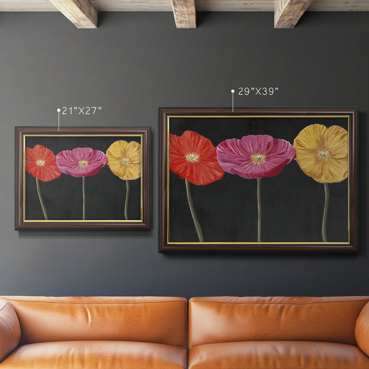 Contemporary poppy flower artwork in an ornate mahogany wood frame with gold liner shown in multiple size options.