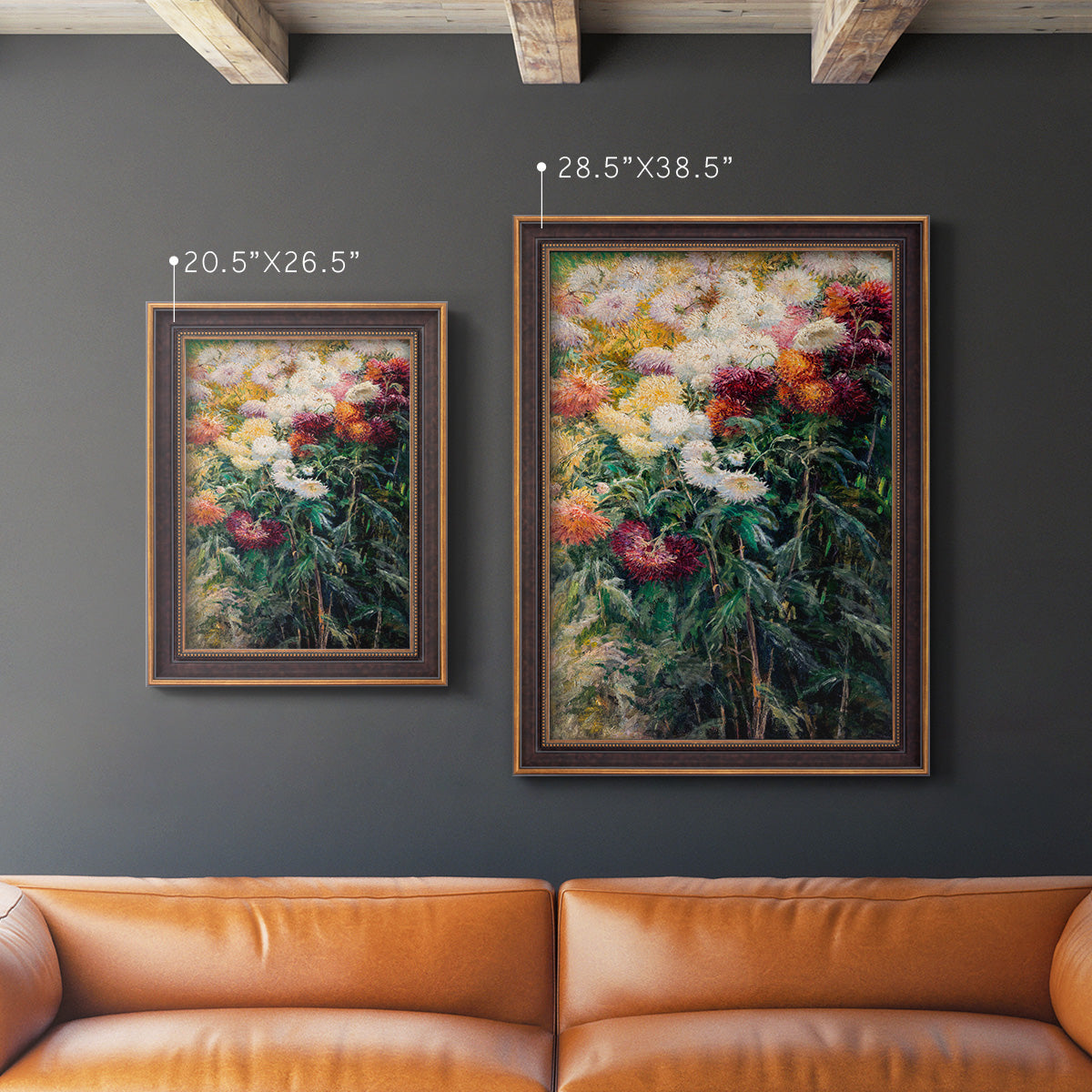 Impressionist garden floral painting by Gustave Caillebotte in an ornate bronzed mahogany wood frame shown in multiple vertical size options.