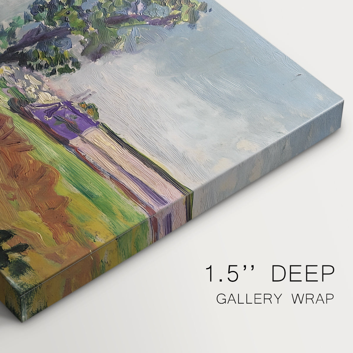 Canvas art print of a bridge spanning a river in a quiet landscape with trees and open sky, highlighting texture and gallery-wrapped edges