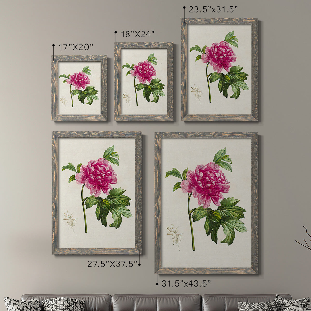 Size comparison chart for a set of two gray barnwood framed canvas prints.