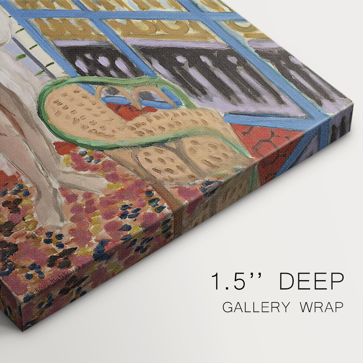Close-up of a gallery-wrapped canvas corner showing a quiet interior with figure and strong color contrast, highlighting texture and print detail.