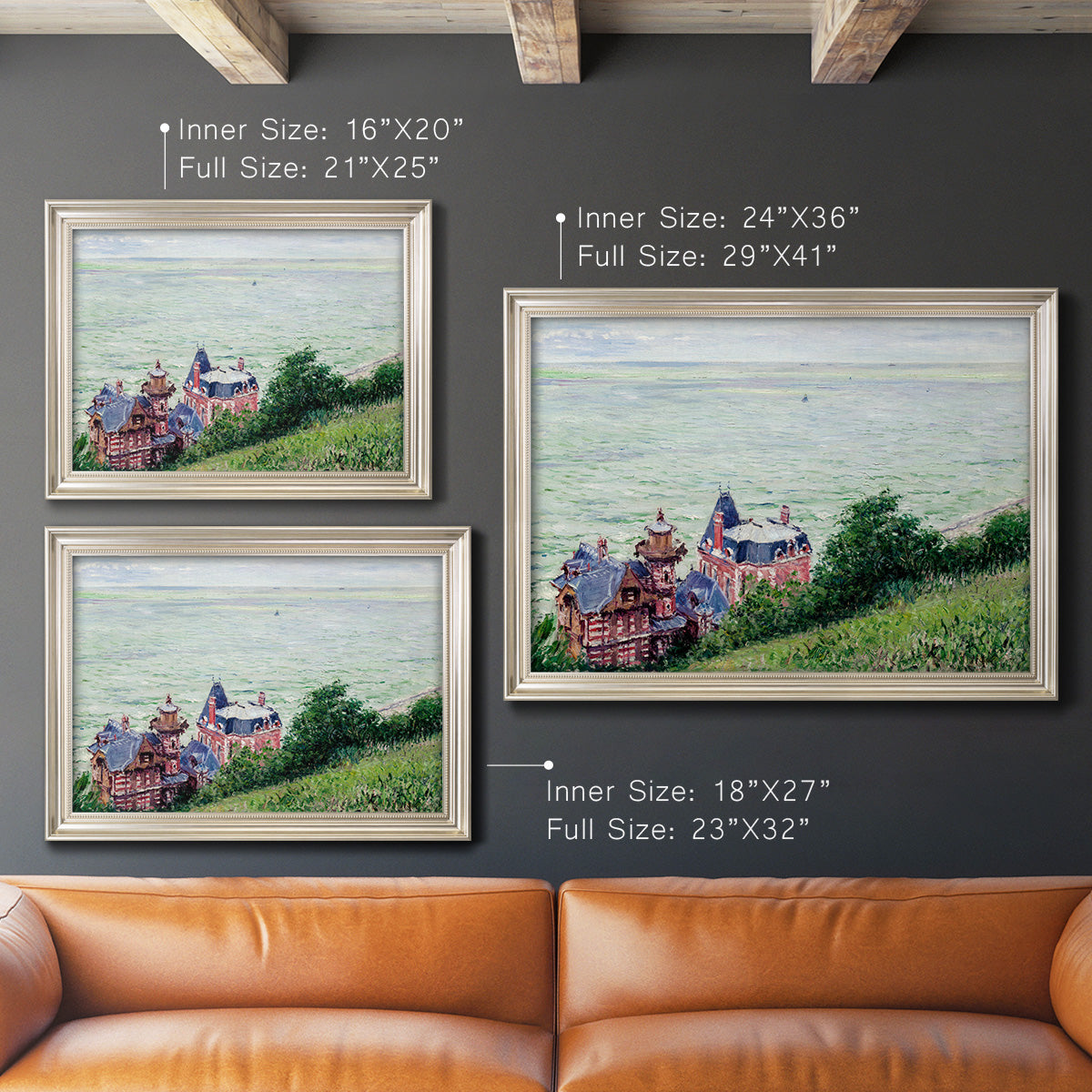 Impressionist coastal villas landscape by Gustave Caillebotte in an ornate champagne frame shown in multiple size options.