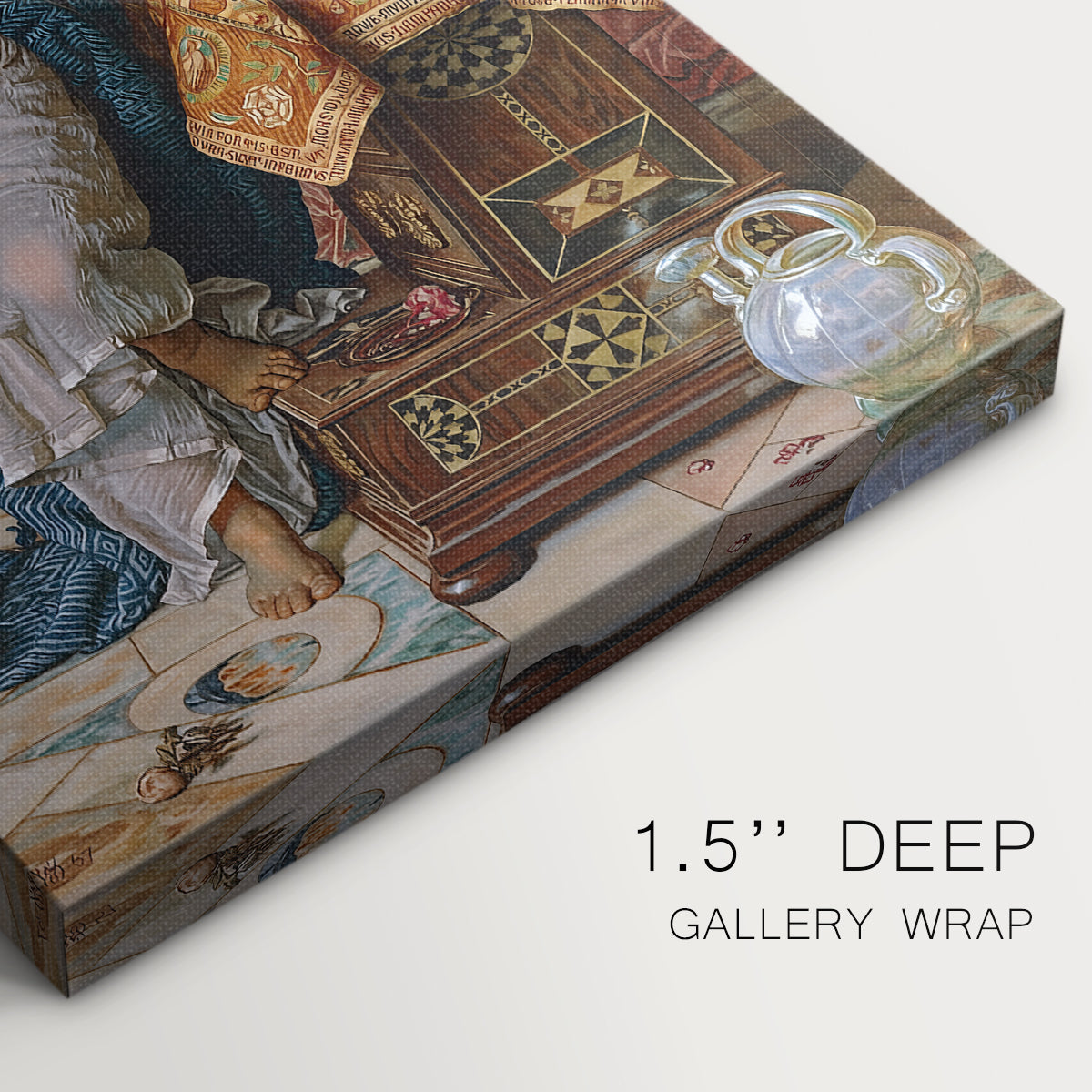 Close-up of a gallery-wrapped canvas corner showing a detailed image with rich texture and depth, highlighting texture and print detail.