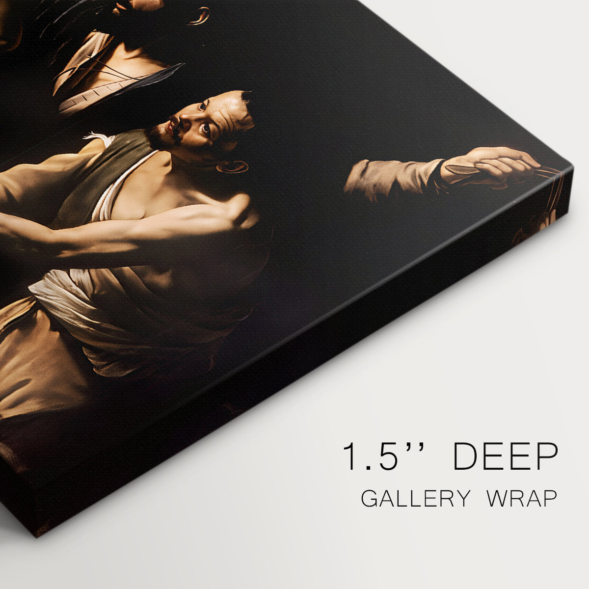Canvas art print of Christ bound to column while being whipped by surrounding figures, highlighting texture and gallery-wrapped edges