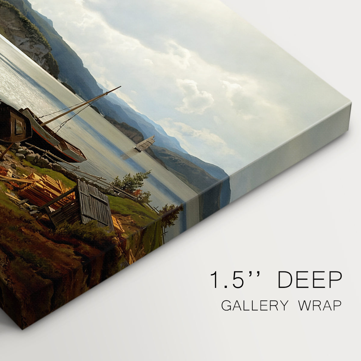 Canvas art print of figures and boats gathered along shoreline in calm coastal setting, highlighting texture and gallery-wrapped edges