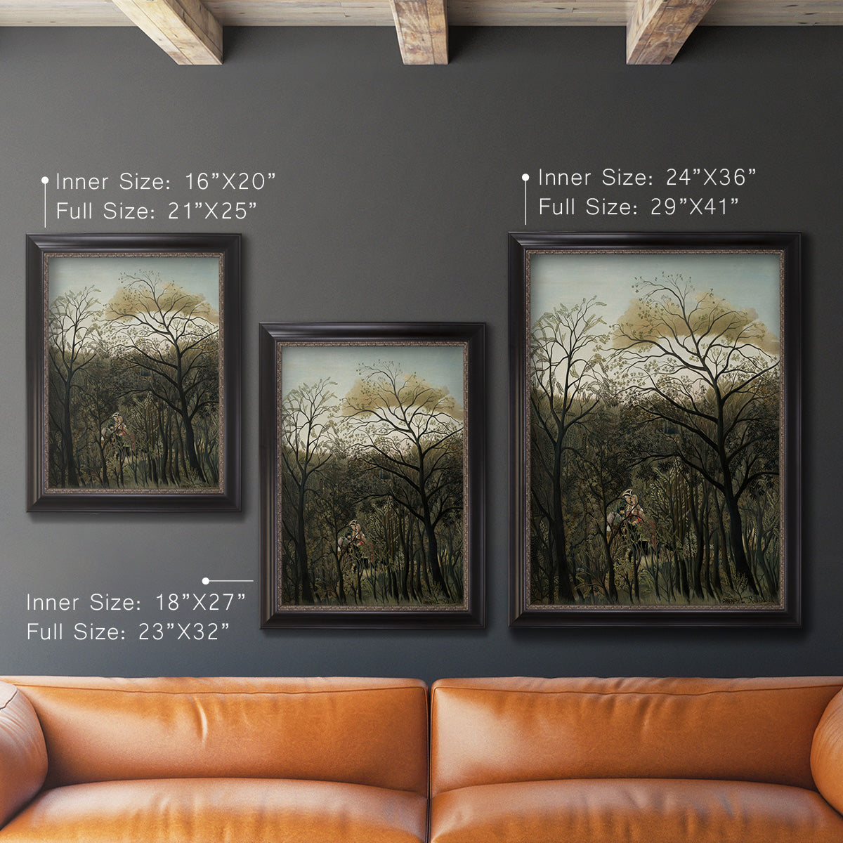 Dreamlike forest landscape scene by Henri Rousseau in an ornate black frame with gilded inner detail shown in multiple vertical size options.