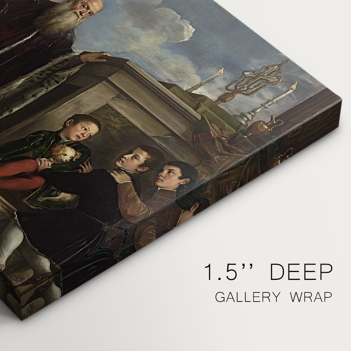 Canvas art print of a family group standing in reverent pose before sacred relic in formal interior, highlighting texture and gallery-wrapped edges