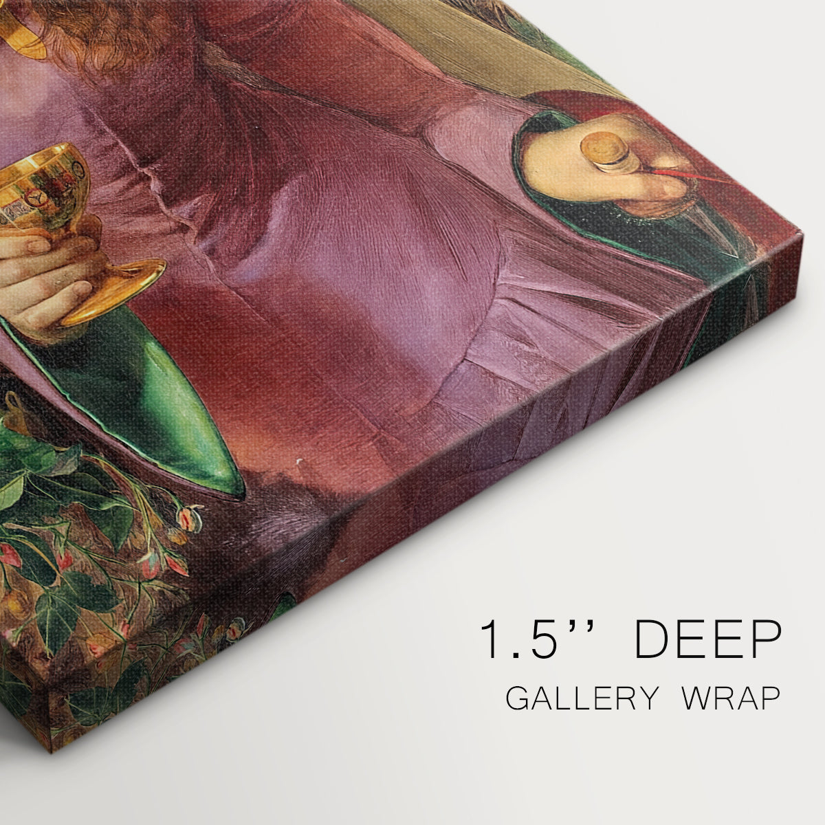 Close-up of a gallery-wrapped canvas corner showing a dignified woman in decorative costume with fine detail, highlighting texture and print detail.