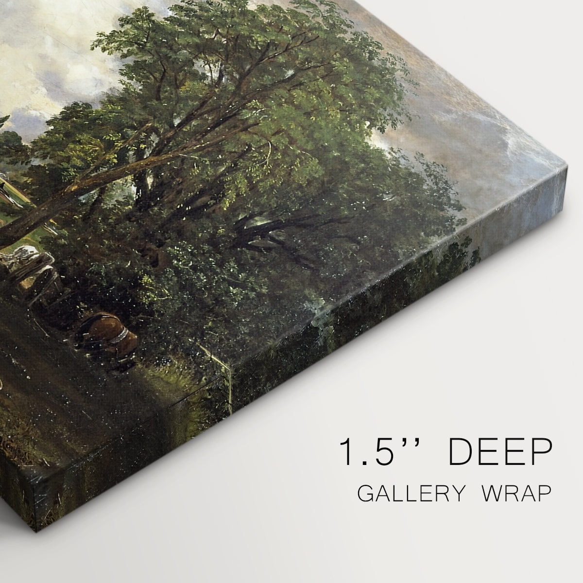 Canvas art print of a watermill and lock beside river with trees, highlighting texture and gallery-wrapped edges