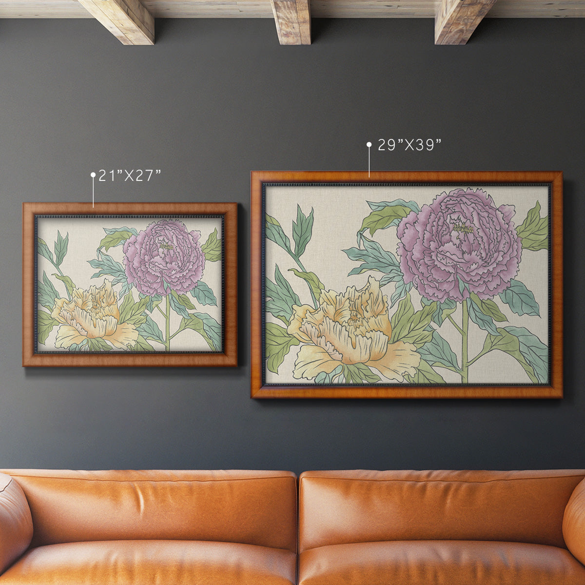 Contemporary peony flower illustration in an ornate vintage burl wood frame shown in multiple size options.