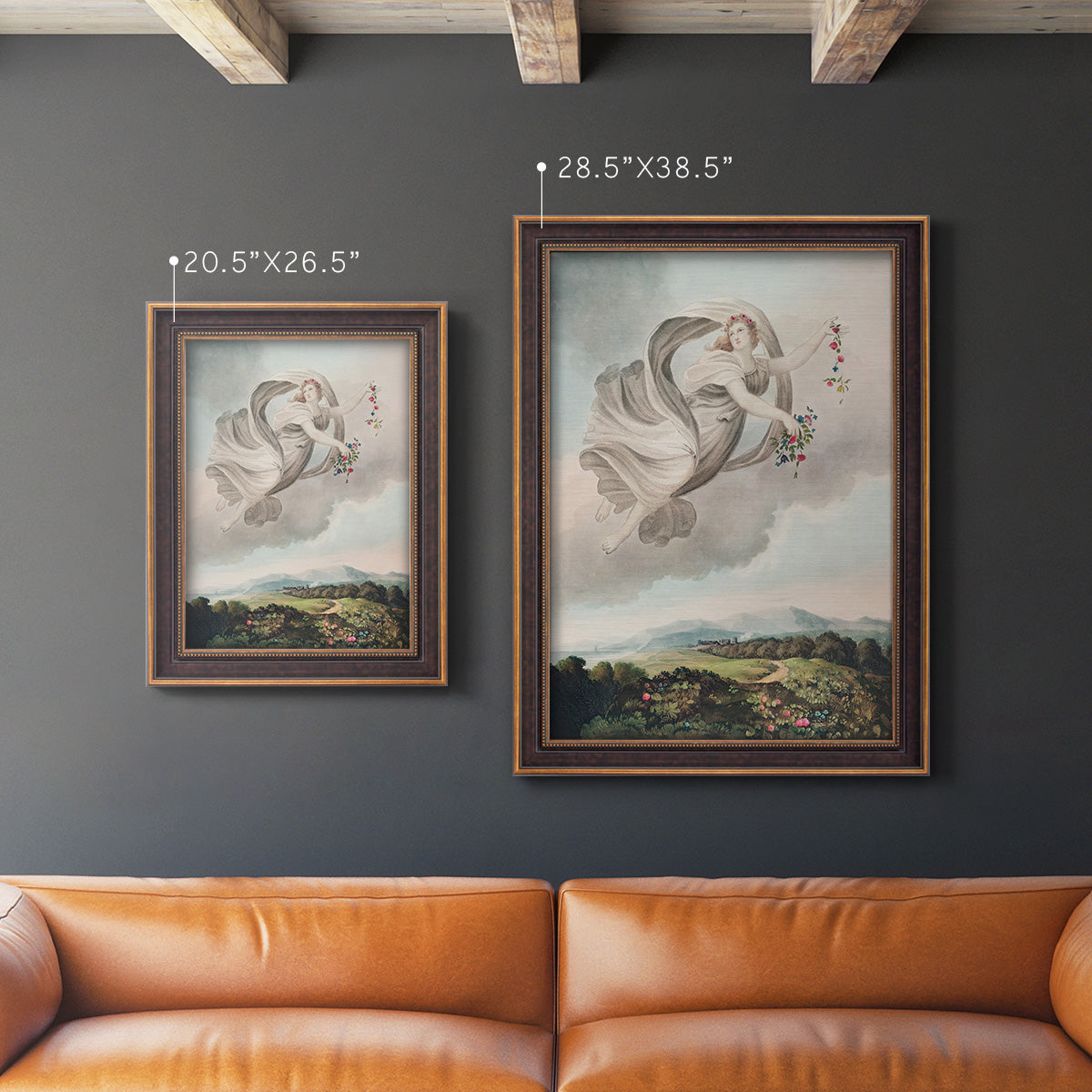Classical allegorical depiction of the goddess Flora by Robert John Thornton in an ornate bronzed mahogany wood frame shown in multiple vertical size options.
