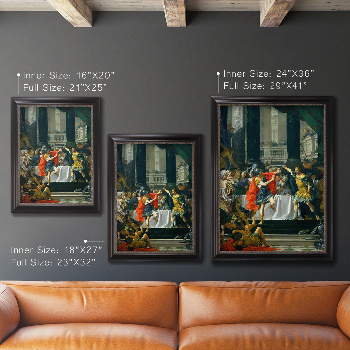 Classical historical painting of Alexander the Great by Donato Creti in an ornate black frame with gilded inner detail shown in multiple vertical size options.