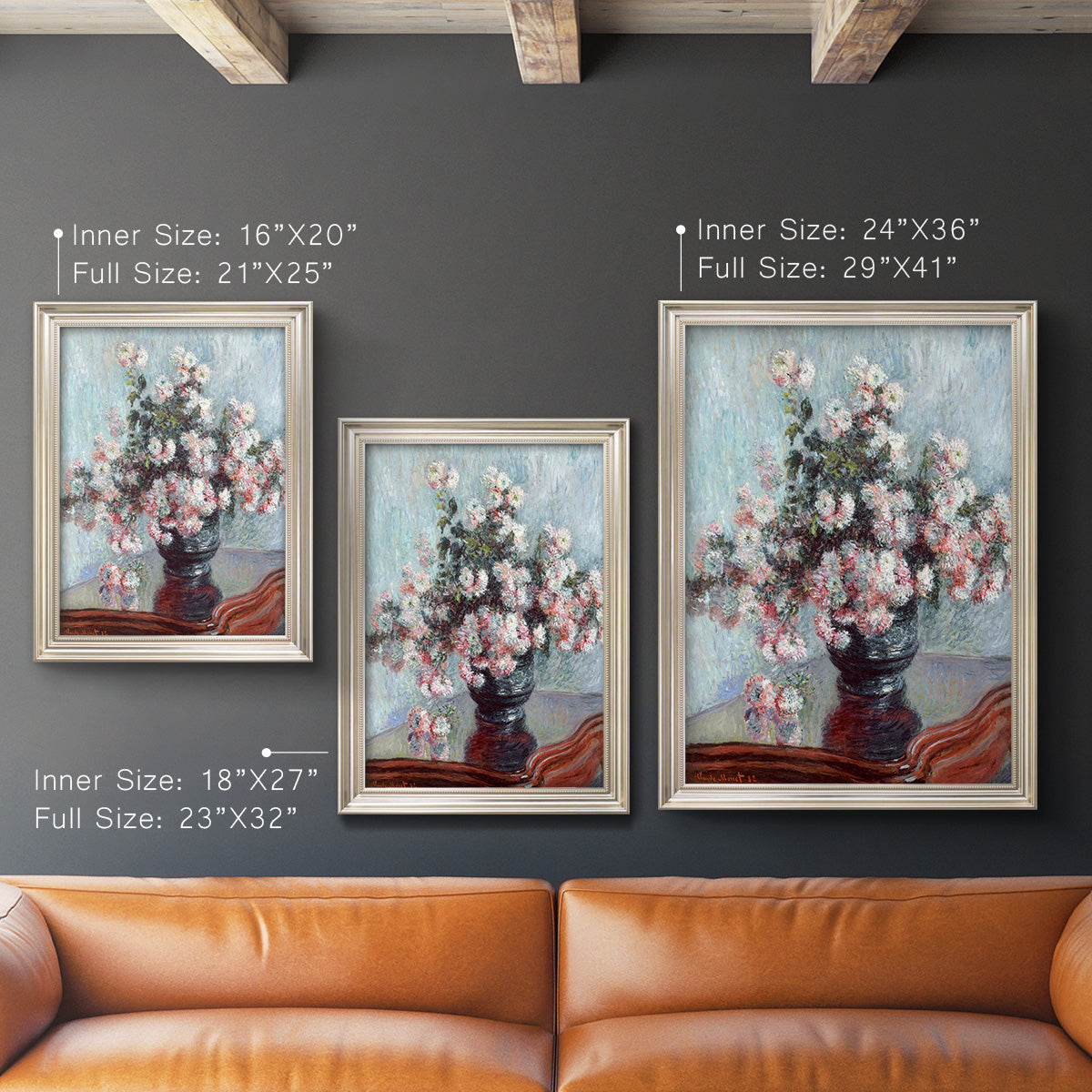Impressionist chrysanthemum floral painting by Claude Monet in an ornate champagne frame shown in multiple vertical size options.