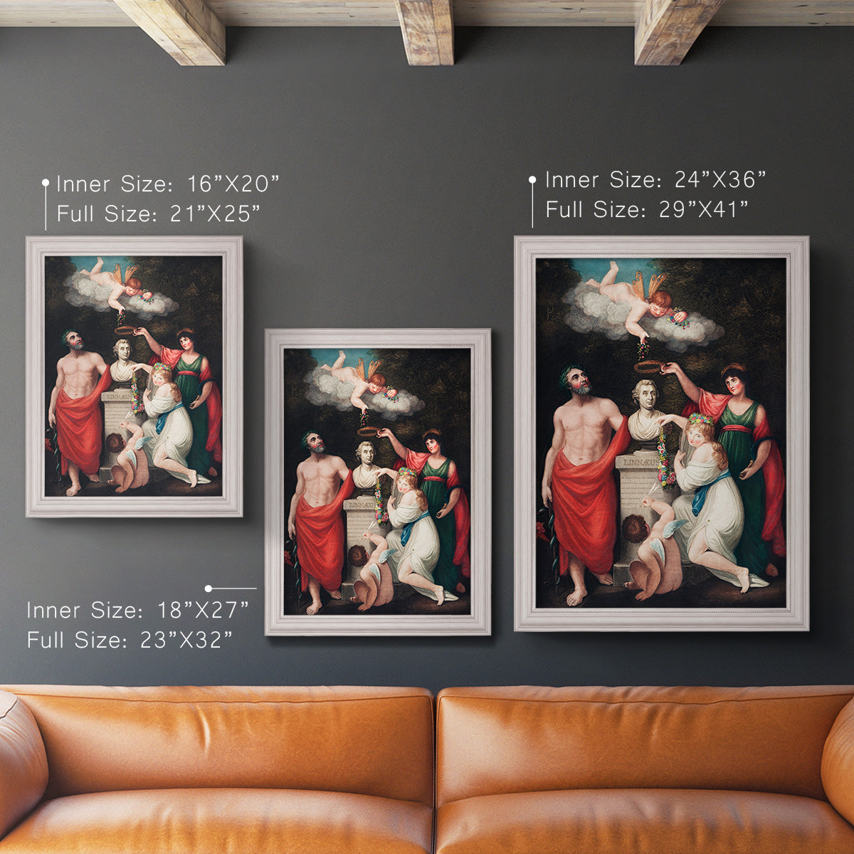 Classical allegorical painting honoring Linnaeus by Robert John Thornton in an ornate weathered white frame shown in multiple vertical size options.