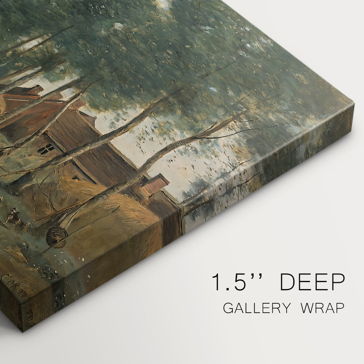 Canvas art print of a quiet rural landscape with trees and open terrain under muted sky, highlighting texture and gallery-wrapped edges
