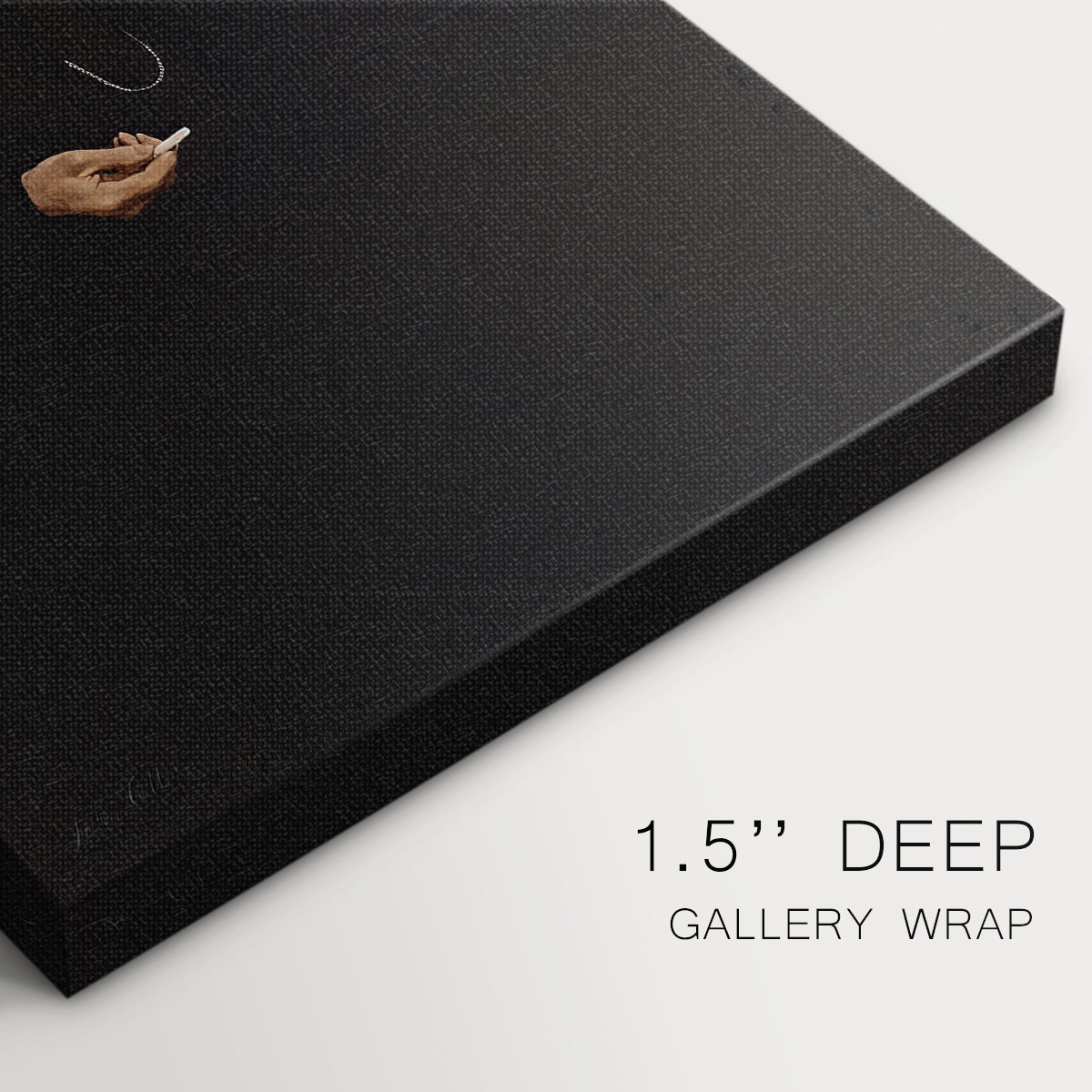 Close-up of a gallery-wrapped canvas corner showing a composed figure with strong vertical presence, highlighting texture and print detail.